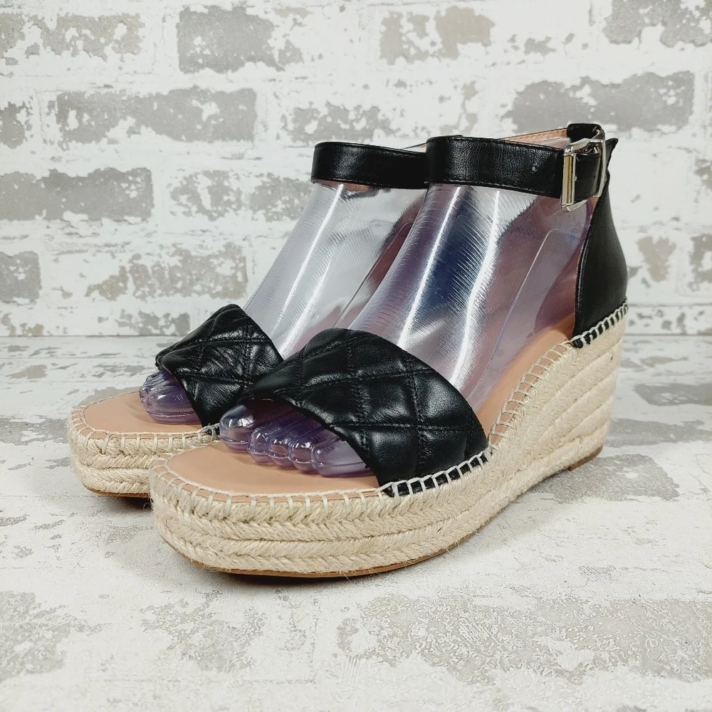 NEW Nordstrom Armen Black Leather Slip On Buckle Ankle Strap Wedge Sandals H205